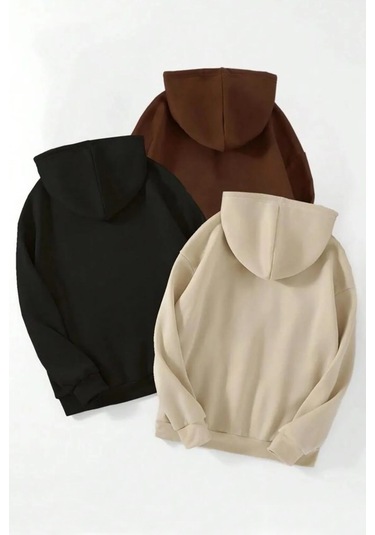 Unisex Düz 3' Lü Baskısız Kapüşonlu Oversize Sweatshirt Kahverengi