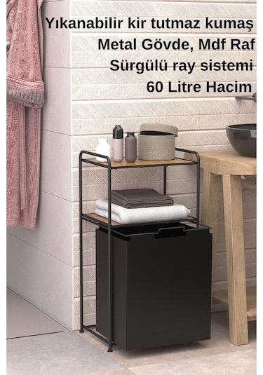 2 Katlı Çamaşır Sepeti Kirli Sepeti Ahşap Raflı Banyo Dolabı Banyo Düzenleyici Organizer Mat Siyah Mg100 Siyah