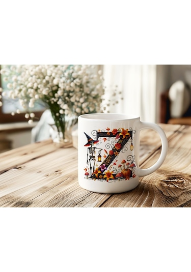 Z Harfi Şapkalı İskelet Figürlü Ve Çiçekli Kupa Bardak - Cadılar Bayramı / Halloween Özel Hediye Beyaz