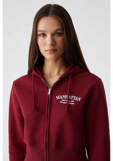 IRESSINE Kadın Kapüşonlu Fermuarlı Uzun Kollu Regular Bordo Sweatshirt
