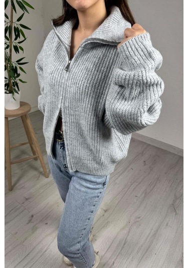 Explode - Kadın Premium Gri Çift Fermuarlı Overisize Triko Kazak Gri