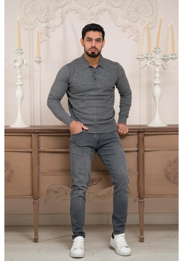 Woolen World Polo Yaka Slimfit Desenli Yünlü Erkek Triko Kazak Gri