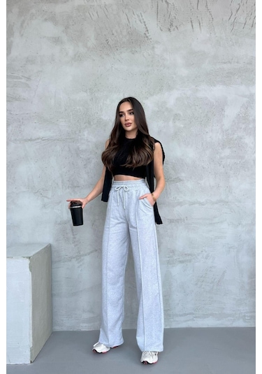 Kadın Mevsimlik Salaş Geniş Paça Yüksek Bel Gri Eşofman Altı Cmrb102 Gri