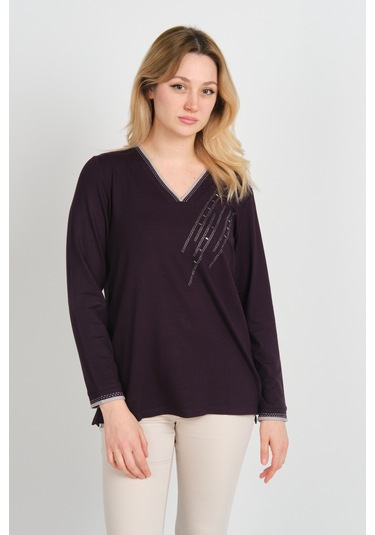 Detay Triko Kadın V Yaka Taş İşlemeli Uzun Kol Anne Bluz 5751 Mürdüm Mürdüm