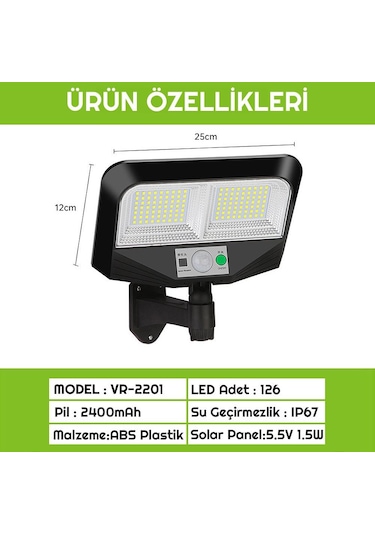Upway 126 Led Solar Bahçe Lambası Güneş Enerjili 3 Modlu Dış Mekan Aydınlatma