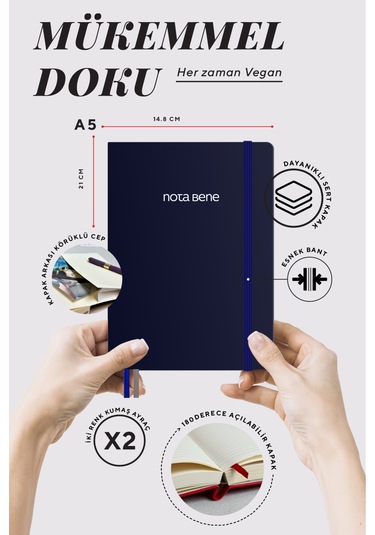 Nota Bene Premium Sert Kapak Defter, 14.8x21, Çizgili Lacivert