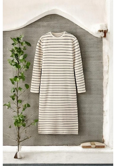 Çizgili Kız Çocuk Uzun Elbise KREM