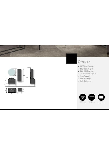 Evros Royal 80 Cm Banyo Dolabı Boy Dolabı Dahil Siyah