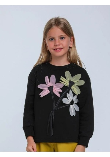 Kız Çocuk Çiçek İşlemeli Tasarım Sweatshirt-14341 Siyah