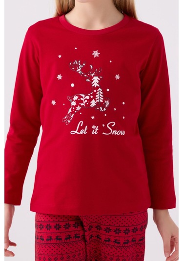 Arnetta 3106 Let İt Snow Kız Çocuk Kırmızı Uzun Kol Pijama Takım Kırmızı