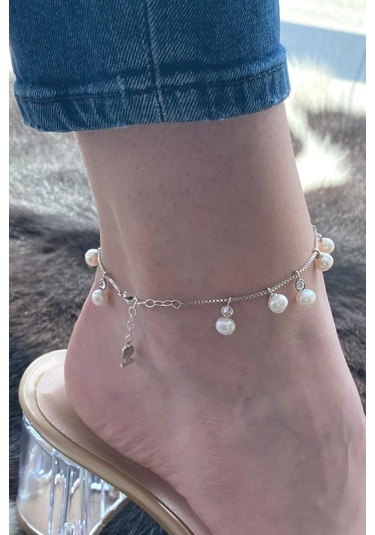 Doğal İnci Sallantılı Kadın Halhal Gümüş