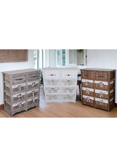 Ahşap 8 Çekmeceli Hasır Görünümlü Sebzelik Beyaz