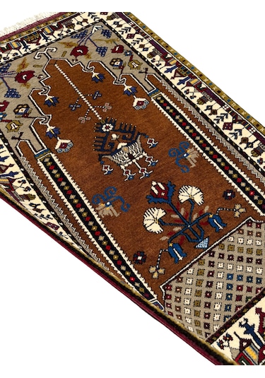 El Dokuma Kök Boya Seccade Yahyalı 84x140 Yün Kahve Namazlık