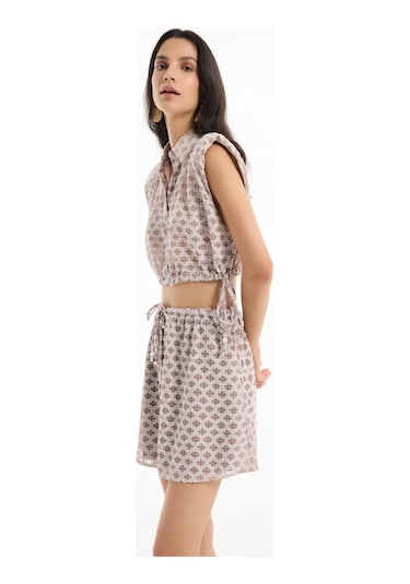Modern Etnik Desenli Yüksek Bel Mini Etek Ve Bağlamalı Bluz Yazlık İkili Takım Kahve