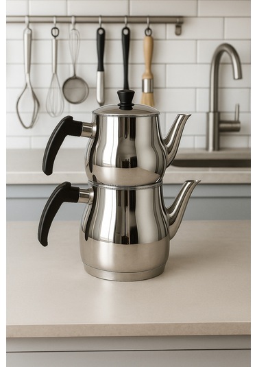 Yunusoğlu Home Klasik Çaydanlık Takımı 0,8l Demlik 1,25l Alt Demlik Paslanmaz Çelik Soğuk Tutma Saplı Gri