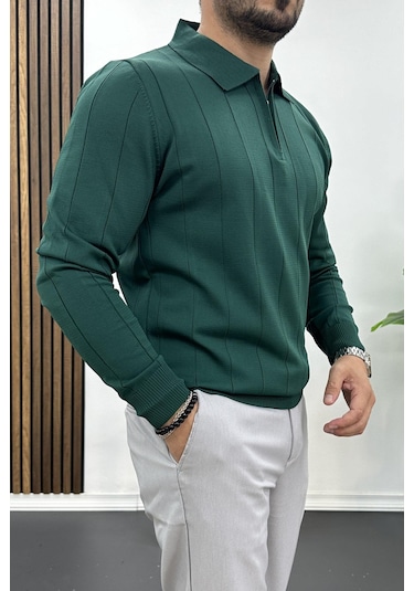 Erkek Yarım Fermuarlı Polo Yaka Mevsimlik Kazak Yeşil Edw195 Yeşil