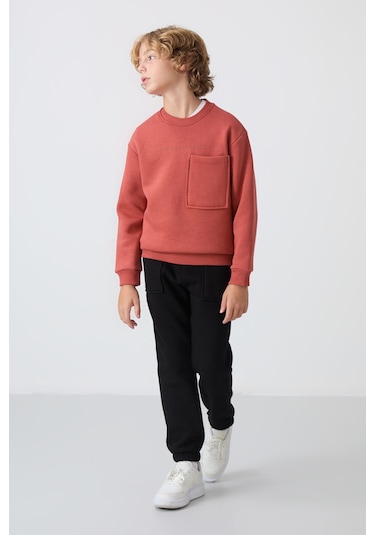 Tommy Life Kiremit-siyah Pamuklu Kalın İçi Tüylü Yumuşak Dokulu Standart Fit Baskılı Erkek Çocuk Eşofman Takım Kiremit