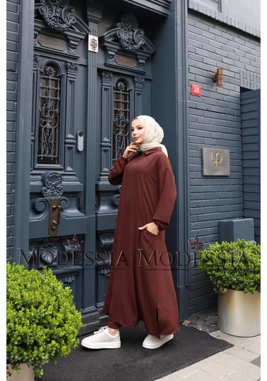 Kadın Kahve Aerobin Uzun Önü Yarım Fermuarlı İkili Takım T1218 Kahve Kahverengi