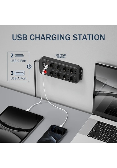 Honeybeeshop 1 Adet Siyah 10 Ft Duvara Monte Dijital Saat 8 Ac Cikisi 5 Usb Portu 15m Uzatma Kablosu Acma Kapama Anahtari Ev Ofis Okul Guç Seridi