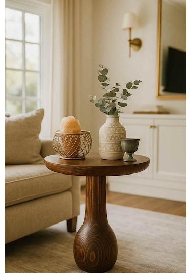 Meşe Renk Masif Ahşap Tekli Yan Sehpa Doğal Mantar Sehpa Modeli Meşe