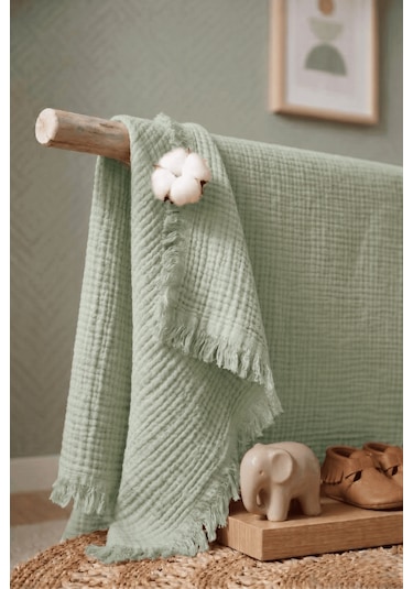 Müslin Püsküllü 4 Katlı Müslin Battaniye 90x120 Cm - Ze4katlı Yeşil