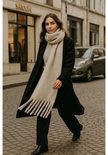 Kadın Püskül Detay Atkı Omuz Şalı 40x200 Cm 1295 Bej Bej