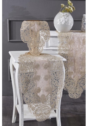 Fransız Güpürlü Kadife Sırma Salon Takımı 5 Parça Cappucino Cappucino