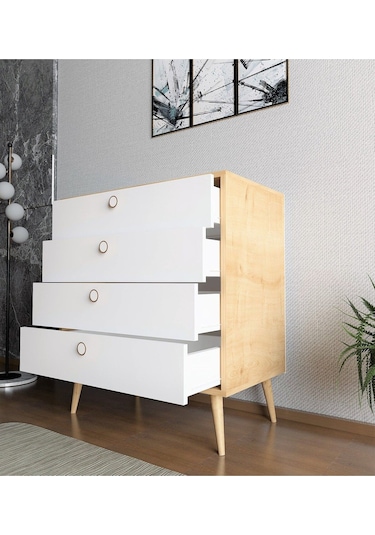 Floradesign Zen Şifonyer / Çok Amaçlı Dolap/ Çekmeceli Şifonyer / Kapaklı Şifonyer / 4 Çekmeceli Şifonyer 80cm Meşe/beyaz