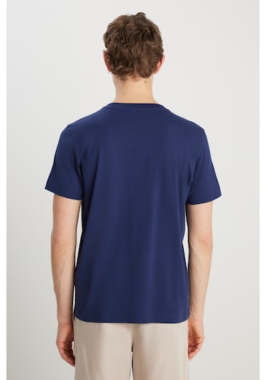 %100 Pamuk Regular Fit Normal Kesim Bisiklet Yaka Minimal Logo Lacivert Tişört NAVY