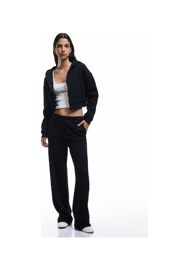 Koton Şardonlu Uzun Kollu Fermuarlı Kapüşonlu Oversize Sweatshirt Siyah 6wal10307ık Siyah