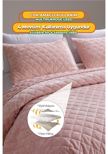 Evlen Home Kapitone Kadife Yatak Örtüsü Seti Tek Kişilik Supersoft 2 Parça Yumuşak Elyaf Dolgulu Pudra Bej