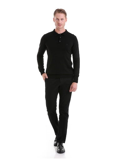 Hatemoğlu Regular Fit Düz Polo Yaka Triko Kazak Siyah