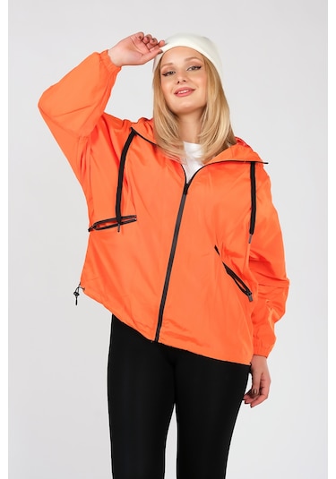 Giyim Dümnyası Kadın Paraşüt Kumaş Kapüşonlu Yağmuluk Turuncu 001