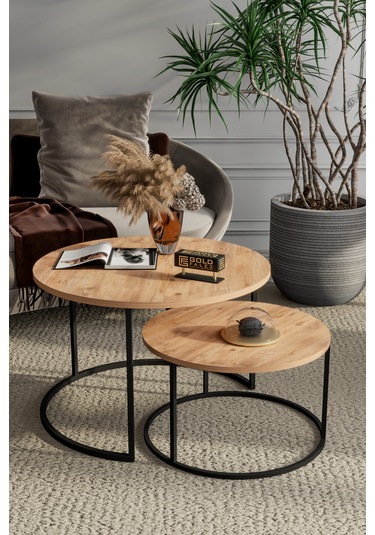 Orta Sehpa Bade İkili Lüx Yan Sehpa Masa Atlantik Çam Kahverengi