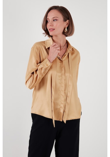 Lela Regular Fit Bağlama Detaylı Saten Bayan Gömlek 611Go00159 Gold