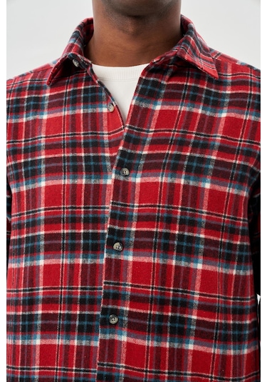 Kırmızı Yünlü Ekose Desen Yumuşak Yaka Cepsiz Uzun Kol Casual Comfort Fit Gömlek 1004245227 Kırmızı