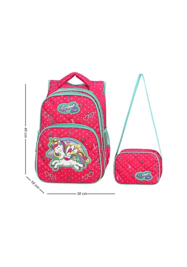 Waddell Lisanslı Fuşya Unicorn Desenli Emboos İlöğretim Okul Sırt Çantası Ve Beslenme Çantası