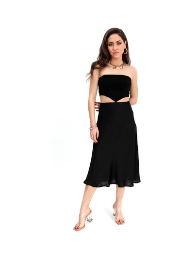 Etek Midi Boy Saten Beli Lastikli - Antrasit-antrasit Antrasit