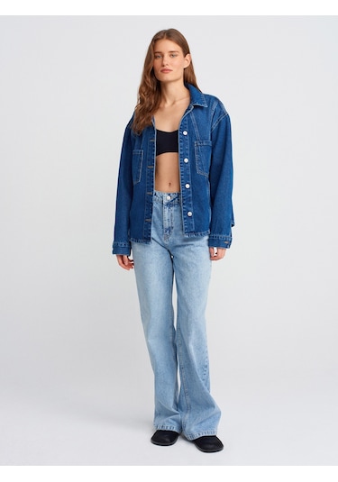 Dilvin 50749 Ön Bölümü Dikişli Oversize Denim Gömlek-mavi Mavi