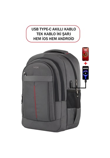 Dada 01 Gri Laptop Sırt Çantası 15,6 İnç Usb Type-c Şarj Aparatı Darbe Emici Koruma