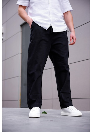 Keten Baggy Siyah Renk Erkek Pantolon-1763 Siyah
