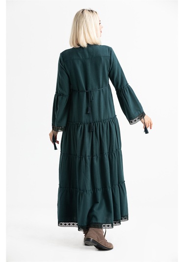 Uzun Kol Seçil Pazen Uzun Elbise Petrol Ptrl