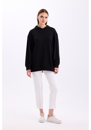 Pastelastore Pamuklu Kapüşonlu 2 İplik Baharlık Oversize Sweatshirt Siyah