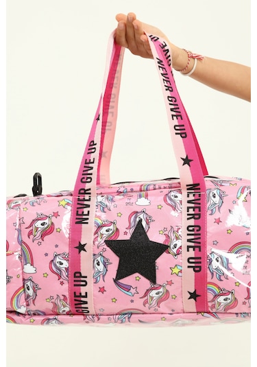 Kız Çocuk Yıldız Baskılı Spor Çanta, Unicorn Desenli Spor Çanta Pembe