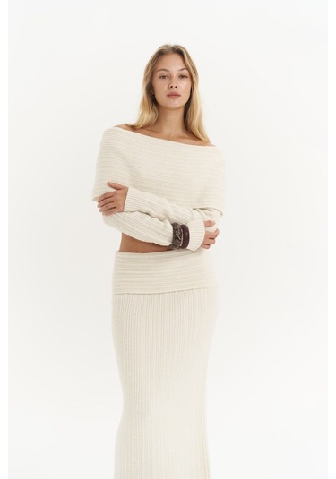 Sevara Carmen Yaka Ekru Triko Takım Ekru