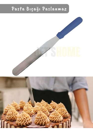 Pasta Bıçağı Tırtıklı Pasta Spatulası Paslanmaz Çelik 38 Cm Mavi-gümüş