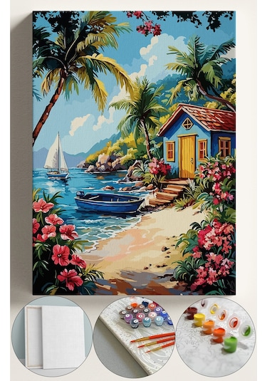 Sayılarla Boyama Seti Numaralı Tuval Fırça Boya 40x50 Cm - Deniz Kenarı Kulübe