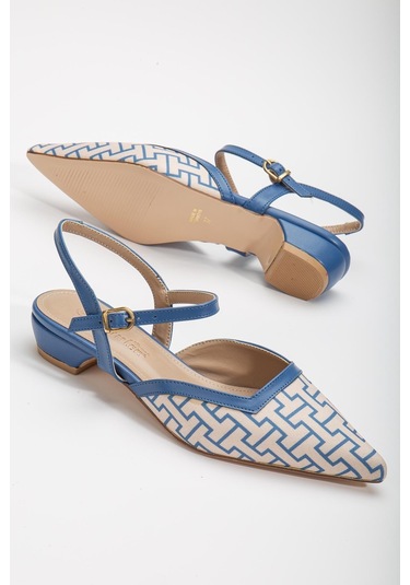 Baskılı Cilt Arka Açık Mavi Kadın Kısa Topuklu Ayakkbı-2696-mavi Mavi
