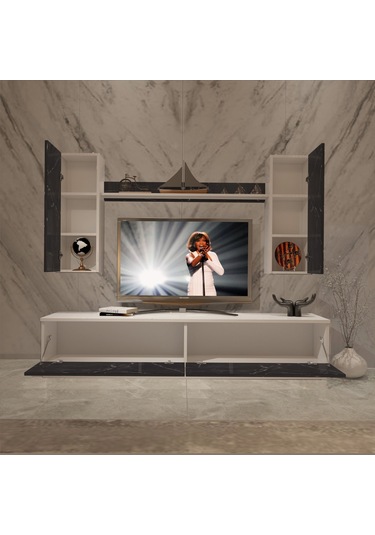 Decoraktiv Eko 5db Mdf Std Tv Ünitesi Tv Sehpası Beyaz - Siyah Mermer