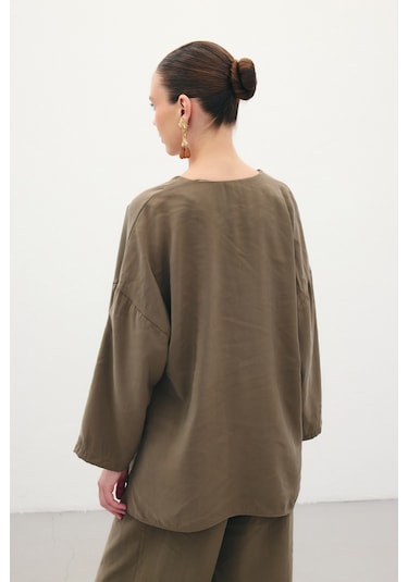 Sateen Düğmeli Kimono - Haki-136357 Haki